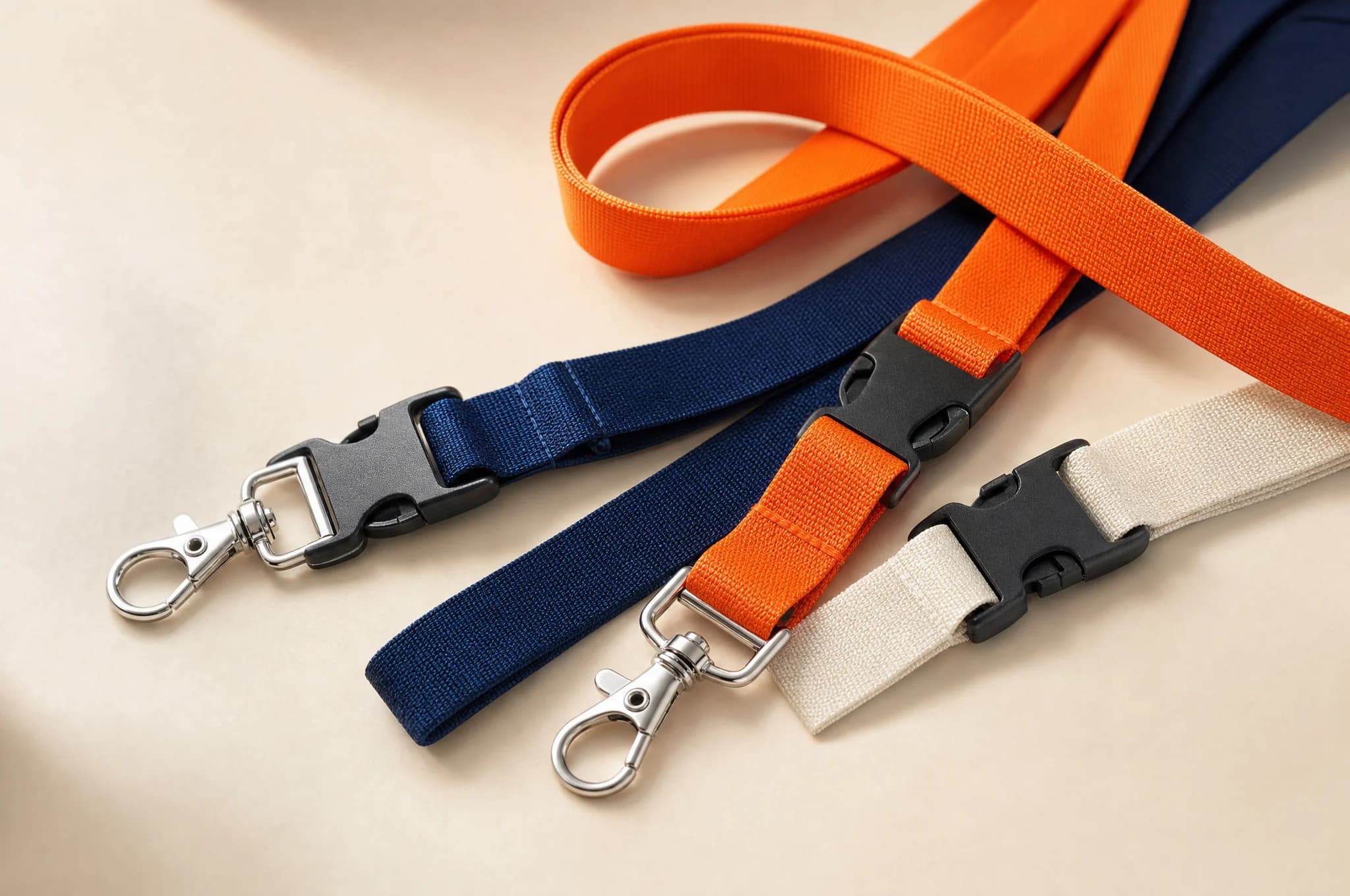 Orangefarbene, dunkelblaue und cremefarbene Lanyards mit gewebter Stoffstruktur, schwarzen Schnallen und silbernen Karabinern